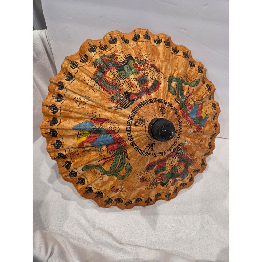 Vintage Thai Paper Parasol Hand-Painted Dragon & Phoenix Boho Bamboo Umbrella